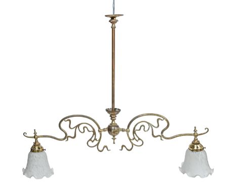 An Art Nouveau brass twin branch hanging light, early 20th c, adapted, 62cm h, 81cm l  The collection of C. W. Briggs (1906-1