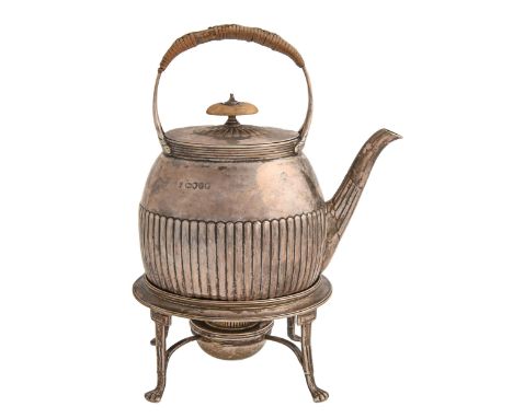 A Victorian silver tea kettle and cover, on lampstand with wicker wrapped handle, 27cm h, by Charles Stuart Harris, London 18