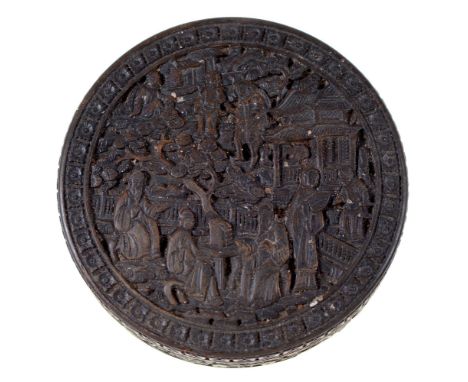 A Chinese carved tortoiseshell snuff box and cover, mid 19th c, the cover and underside of the box typically carved with scen