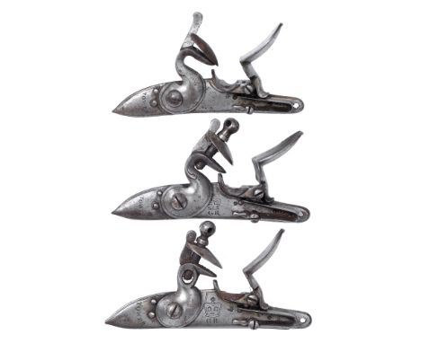 Gunmaking. Three English steel flintlocks, 18th c, stamped crown, G R and TOWER, 17.5cm l  The collection of C. W. Briggs (19