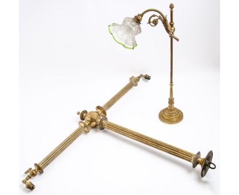 A Victorian brass twin branch gasolier, with reeded upright and branches between beaded collars, 73cm h, adapted for electric