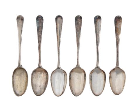 A set of six George III silver scroll back teaspoons, engraved with contemporary initials M*O, maker's mark TW and lion passa