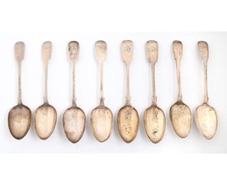 Eight silver tablespoons, George III - Victorian, Fiddle pattern, pairs and composed pairs, all London, by various makers, 16