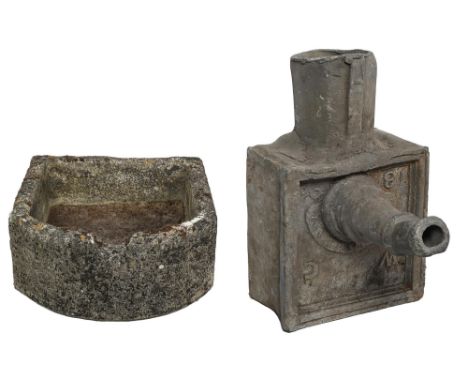 A George III lead pump hopper, by Richard Crane, dated 1804, the front also cast with the initials W C, 44cm h and a 19th c g