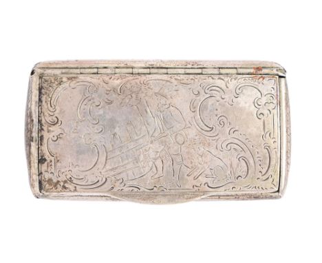 An Austro Hungarian silver snuff box, the lid engraved with man and dog, 85mm l, maker's mark obscured, Vienna 1856, 2ozs 3dw