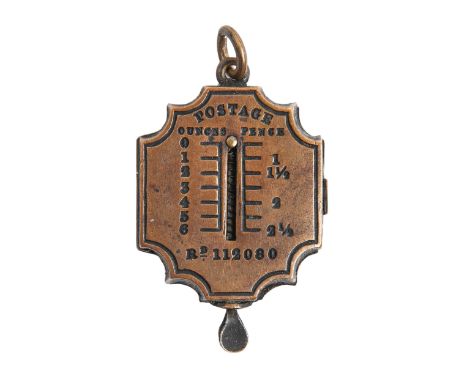 A Victorian brass letter scale, c1880, to weight 2½ozs, 35mm h, stamped Rd 112080  The collection of C. W. Briggs (1906-1971)