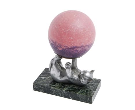 An Art Deco spelter cat figural table lamp, c1930, in the form of a kitten balancing a mottled pink and violet glass globe, o