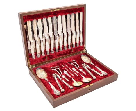 A Victorian EPNS fruit service, including twelve mother of pearl hafted knives and forks, in plush lined walnut case, maker M
