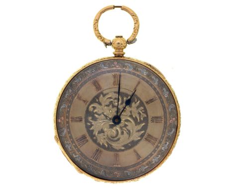 A Swiss gold cylinder watch, Baume, Geneva B&amp;L, No 41753, 19th c,&nbsp;with three colour gold decorated dial, in engine t