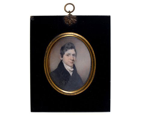 English School, 19th century - Portrait Miniature of a Gentleman,&nbsp; in a black coat and white stock, ivory, oval, 80mm, p