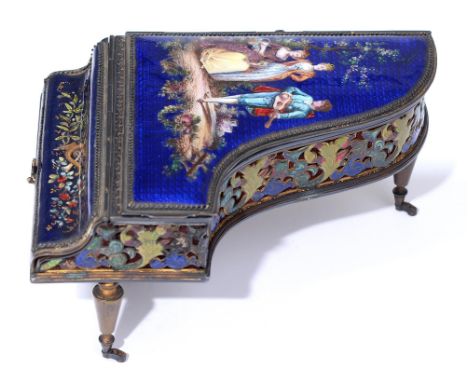 A French musical giltmetal and enamel trinket box in the form of a grand piano, c1900, the lid painted with an 18th c scene o