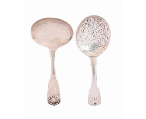 Two George III silver caddy spoons, Fiddle and Fiddle and Shell pattern, the first with engraved bowl, maker's mark rubbed, L