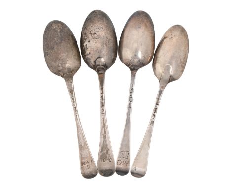 Four George II and early George III silver tablespoons, Hanoverian pattern, with double drop or anthemion back, all London, b