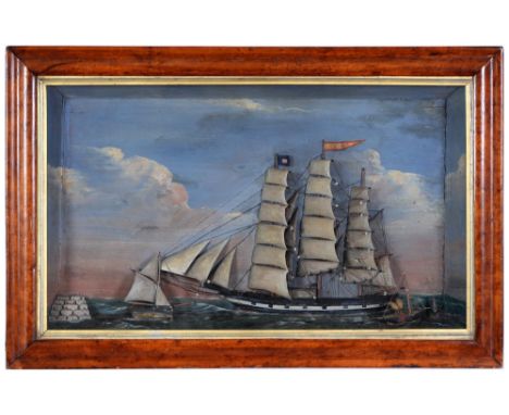 A Victorian painted wood ship diorama&nbsp; of the clipper "Middlesex", a gaff cutter and steam tug boat, bird's eye maple fr