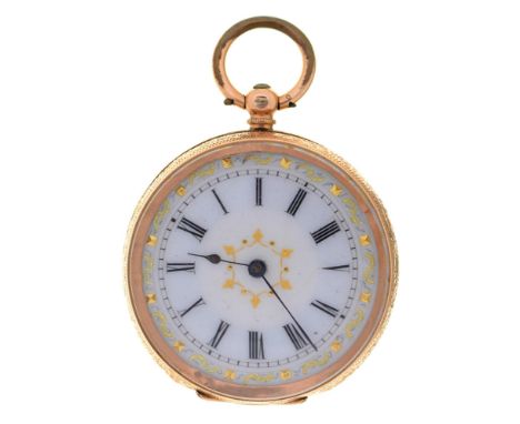 A Swiss gold cylinder lady's watch, late 19th c, with enamel dial in engraved case, base metal cuvette, 38mm diam, marked 14C