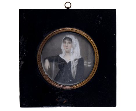 French(?) School, early 19th century - Portrait Miniature of a Lady,&nbsp; in a black dress, seated half length, her right ar