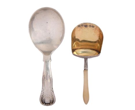 A George III silver caddy spoon,&nbsp;with mother of pearl handle, 88mm l, by Joseph Willmore, Birmingham 1810 and a Scottish