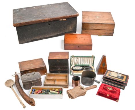 Miscellaneous Victorian and later bygones, to include a copper saucepan, velvet jewel box, bird scarer, walnut metronome, ros