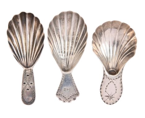 Three George III silver caddy spoons,  with fluted shell bowl, all London, by various makers, 1787, 1791 and 1792, 13dwts  Th