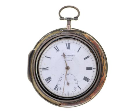 An English triple cased silver and painted tortoiseshell verge watch, R Stroud, London, No 3746, with barrel pillars and enam