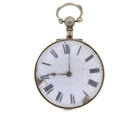 An Irish silver verge watch, George O'Reilly, Dublin, No 5527, with enamel dial and flat centred glass, 51mm diam, London 180