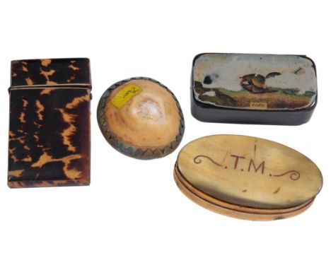 A papier mache snuff box, mid 19th c, printed and painted with a cock treading a hen and inscribed Gratis, 75mm l, an oval ho