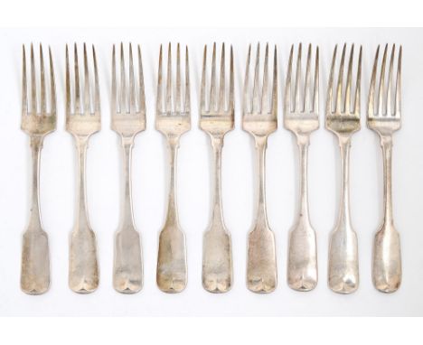 A set of nine Irish Victorian silver table forks, Fiddle pattern, crested, by Richard Whitford, Dublin, eight 1813, one 1814,