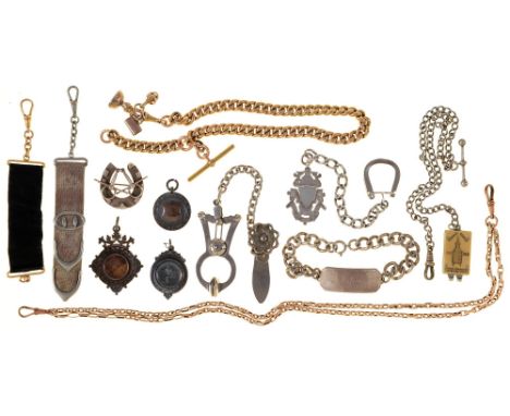 A silver mesh fob, a Victorian silver horseshoe brooch, four silver watch fob shields, a silver albert, several other fobs an