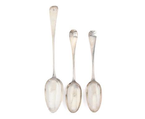 A George III silver gravy spoon, Old English pattern, initialled B, by Solomon Hougham, London 1802 and two George II silver 
