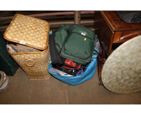 A bag containing various pairs of roller skates, golf balls, and a Ping pencil carry bag