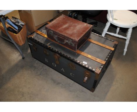 A vintage case and contents of Masonic regalia and a wooden bound travelling trunk