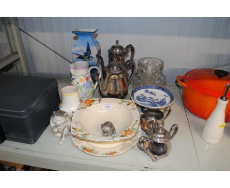 A Poole Pottery jug and vase, a Blues compote, various glass & china, silver plated tea set etc.