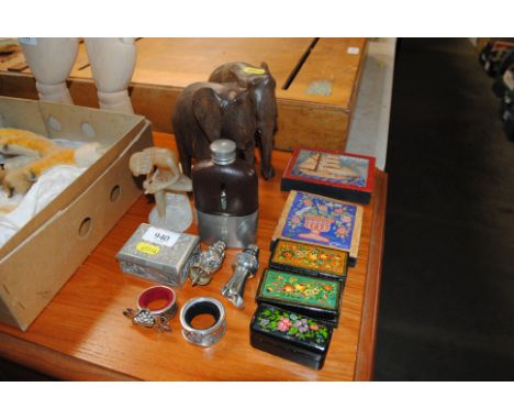 Three Russian lacquered boxes, various ornaments including carved wooden elephants, hip flask etc.