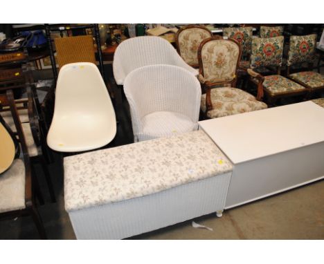 A white painted Loom blanket box and two Loom chairs