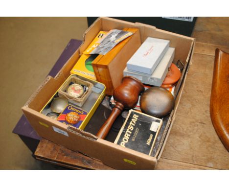 A box containing various wooden items; compass; stop watch; leather cased tape measure etc.