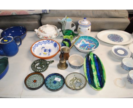 Two Celtic Pottery dishes; various other pottery; glass ornament in the form of a fish; brass hand bell etc.