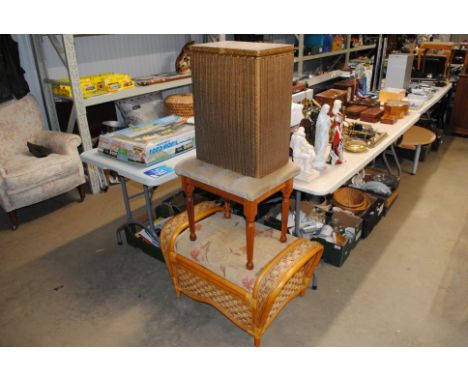 A button down upholstered stool; a wicker stool; a Loom linen box