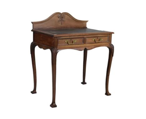 Early 20th Century mahogany writing table, with shaped back panel over rectangular top with leatherette skiver, fitted two dr