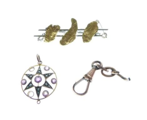 9ct gold bar brooch with three yellow metal ingots, a '9ct' seed pearl set pendant, and a yellow metal 'lobster claw' clasp, 