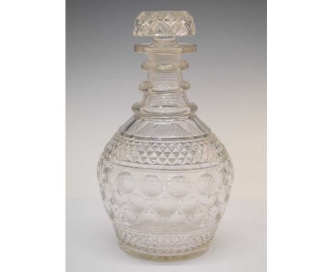 Victorian cut glass decanter, with hobnail-cut mushroom stopper and triple ring neck over diamond-cut friezes and circular pa