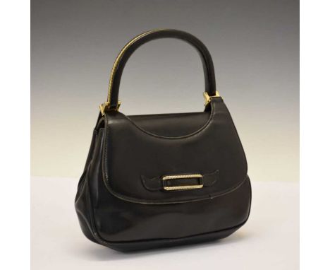 Gucci - Lady's vintage black leather handbag with gilt metal rope detailing to the handle and flap, 24cm x 32cm high (includi