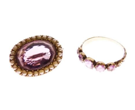 Unmarked seed pearl and amethyst brooch, and an unmarked five-stone ring set amethyst-coloured stones, size P, 6.8g gross app