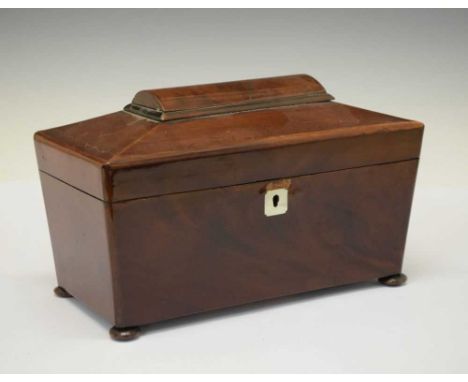 Early 19th Century mahogany sarcophagus tea caddy with mother of pearl escutcheon, 29cm wide