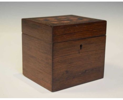 Tunbridgeware tea caddy with 'Tumbling Cube' top, 12cm x 10cm x 11cm high