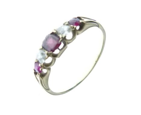 Unmarked five-stone ring, set two old-cut diamonds and three ruby-coloured stones, size T, 3.1g gross approx