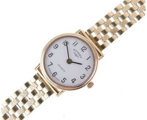 Rotary - Lady's quartz wristwatch with white Arabic dial, 21mm diameter (ex.crown), on a 9ct gold bracelet, 19.8g gross appro