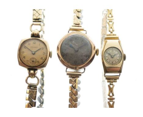 Lady's vintage 9ct gold-cased wristwatch, on plated flexible bracelet, plus two ladies gold-plated wristwatches on bracelets,