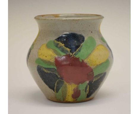 Janice Tchalenko (1942-2018) stoneware vase, circa 1985, ovoid form with everted rim, polychrome abstract decoration over spe