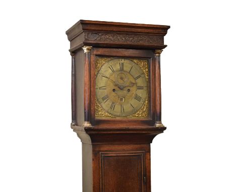 Early George III oak cased 8-day brass dial longcase clock, 12-inch square brass dial with silvered chapter ring having Roman