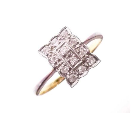 Diamond cluster ring, the rectangular panel set twelve diamonds, the shank marked '22ct' and 'Plat', size Q½, 2.9g gross appr